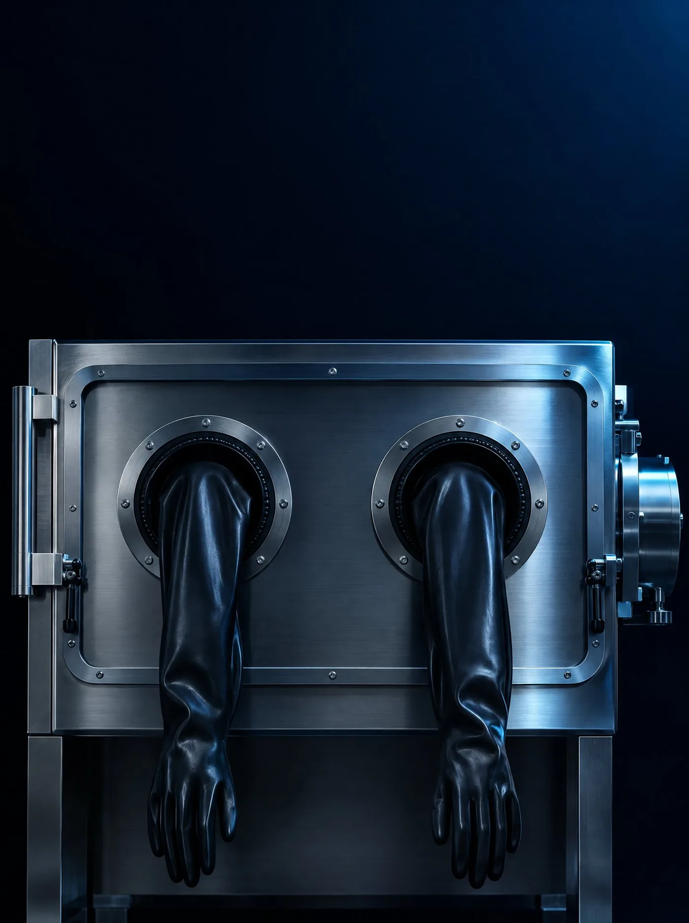 A stainless-steel glovebox with two isolator gloves mounted in its ports